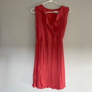 Sleeveless Coral Ruffle Detail on the Neck Linen Dress